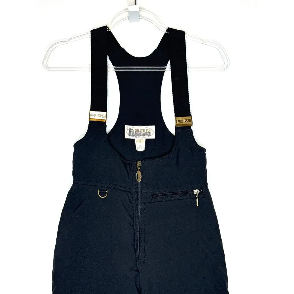 Vintage 1980s–90s Fera Black Quilted Ski Bib Overalls with stirrups 4 petite
